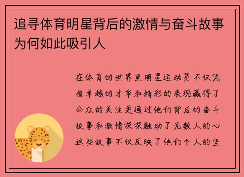 追寻体育明星背后的激情与奋斗故事为何如此吸引人